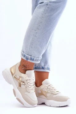Damskie Sneakersy Sznurowane Beżowo-Złote Cortes