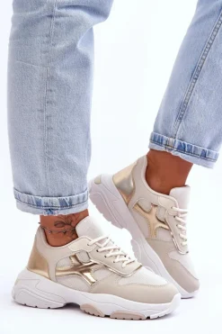 Damskie Sneakersy Sznurowane Beżowo-Złote Cortes