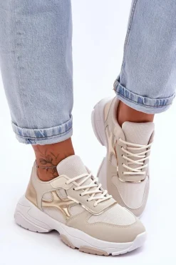 Damskie Sneakersy Sznurowane Beżowo-Złote Cortes