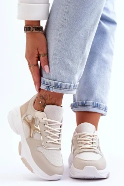 Damskie Sneakersy Sznurowane Beżowo-Złote Cortes