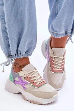Damskie Sneakersy Sznurowane Beżowo-Zielone Cortes