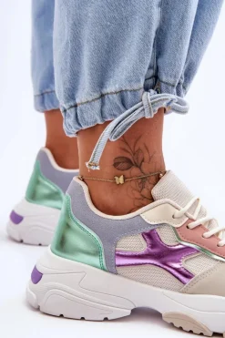 Damskie Sneakersy Sznurowane Beżowo-Zielone Cortes