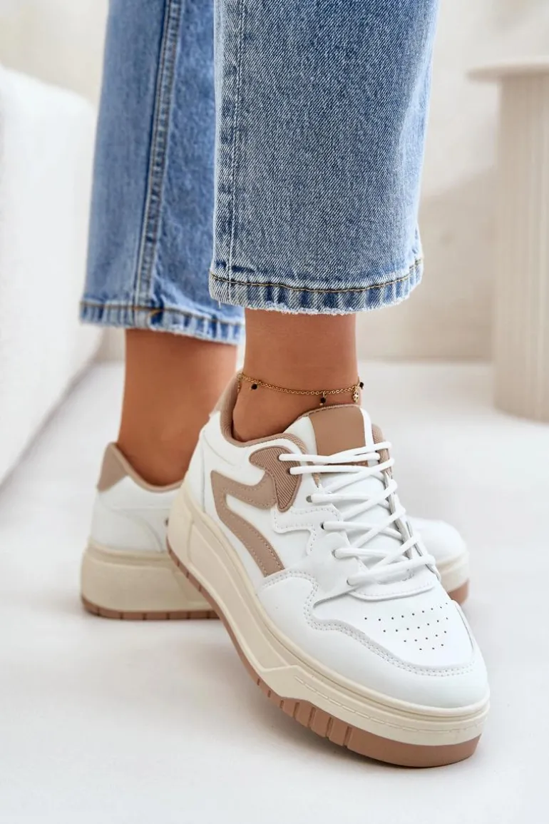 Damskie Sneakersy Z Eko Skóry Na Platformie Biało-Beżowe Henizore