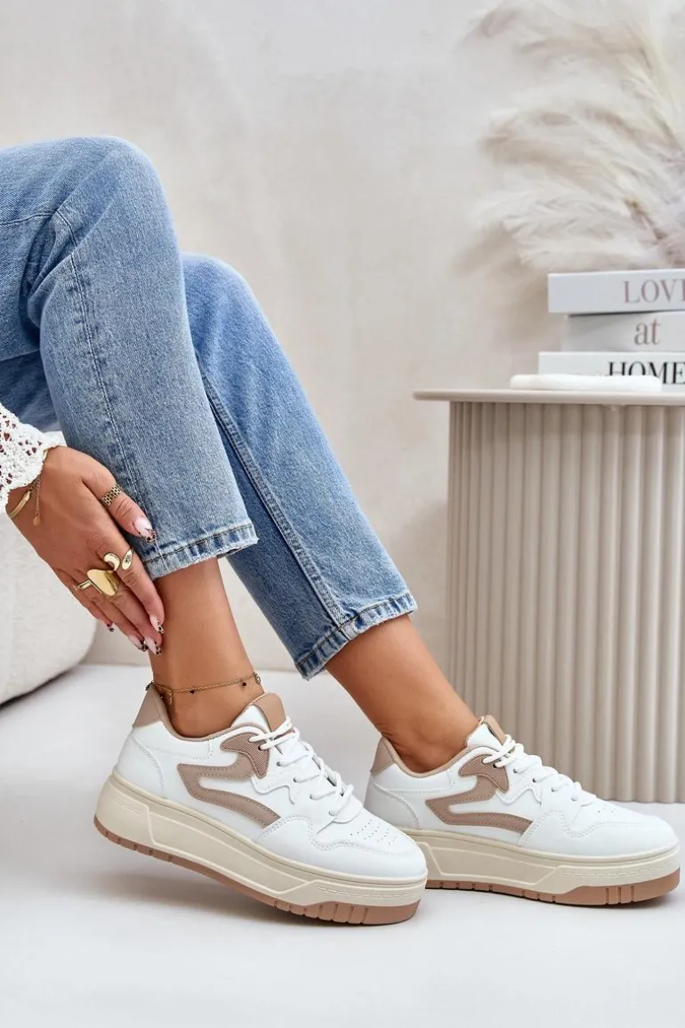 Damskie Sneakersy Z Eko Skóry Na Platformie Biało-Beżowe Henizore