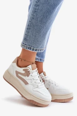 Damskie Sneakersy Z Eko Skóry Na Platformie Biało-Beżowe Henizore