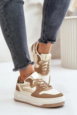 Damskie Sneakersy Z Eko Skóry Na Platformie Panterka Beżowe Henizore
