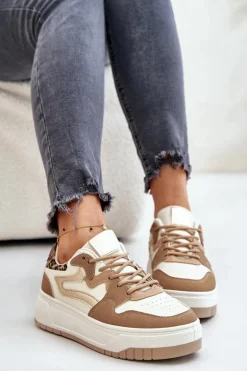 Damskie Sneakersy Z Eko Skóry Na Platformie Panterka Beżowe Henizore