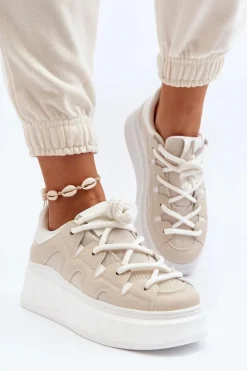 Damskie Sneakersy Z Grubym Sznurowaniem Beżowe Vinali