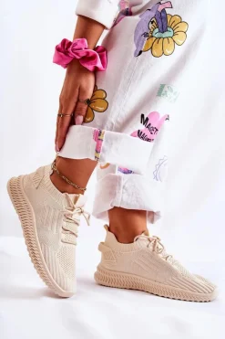 Damskie Sportowe Buty Sneakersy Materiałowe Jasnobeżowe Storia