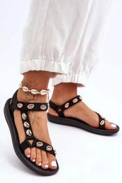 Damskie Sportowe Sandały Ozdobne Złote Muszle Czarne Conner