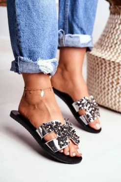 Damskie Srebrne Klapki Z Cyrkoniami Swallow