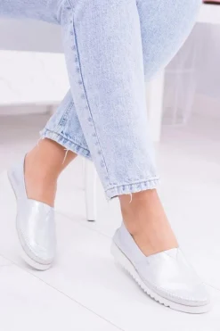 Damskie Srebrne Skórzane Slip On Frela