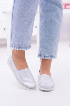 Damskie Srebrne Skórzane Slip On Frela