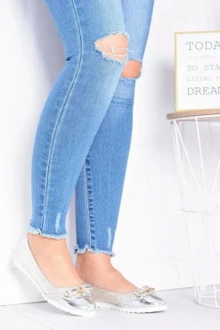 Damskie Srebrne Wsuwane Balerinki Z Kokardką Cleoss