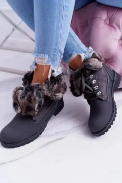 Damskie Szare Botki Trapery z Futerkiem Chester