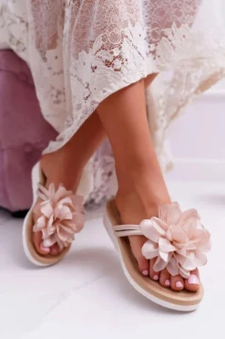 Damskie Szare Klapki Japonki Kwiat Drademos