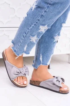 Damskie Szare Klapki Na Korku Kokarda Dominica