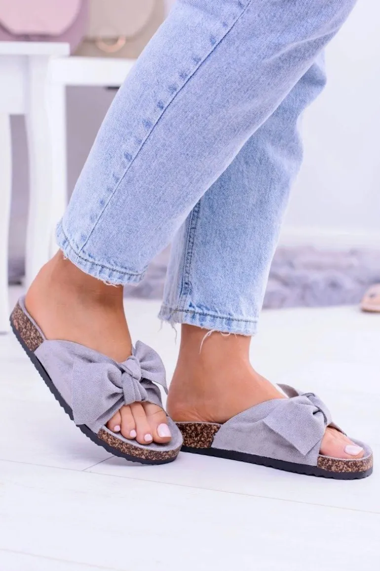 Damskie Szare Klapki Na Korku Kokarda Wendy