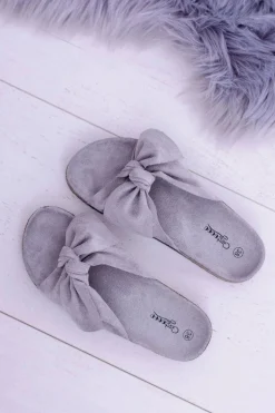 Damskie Szare Klapki Na Korku Kokarda Wendy