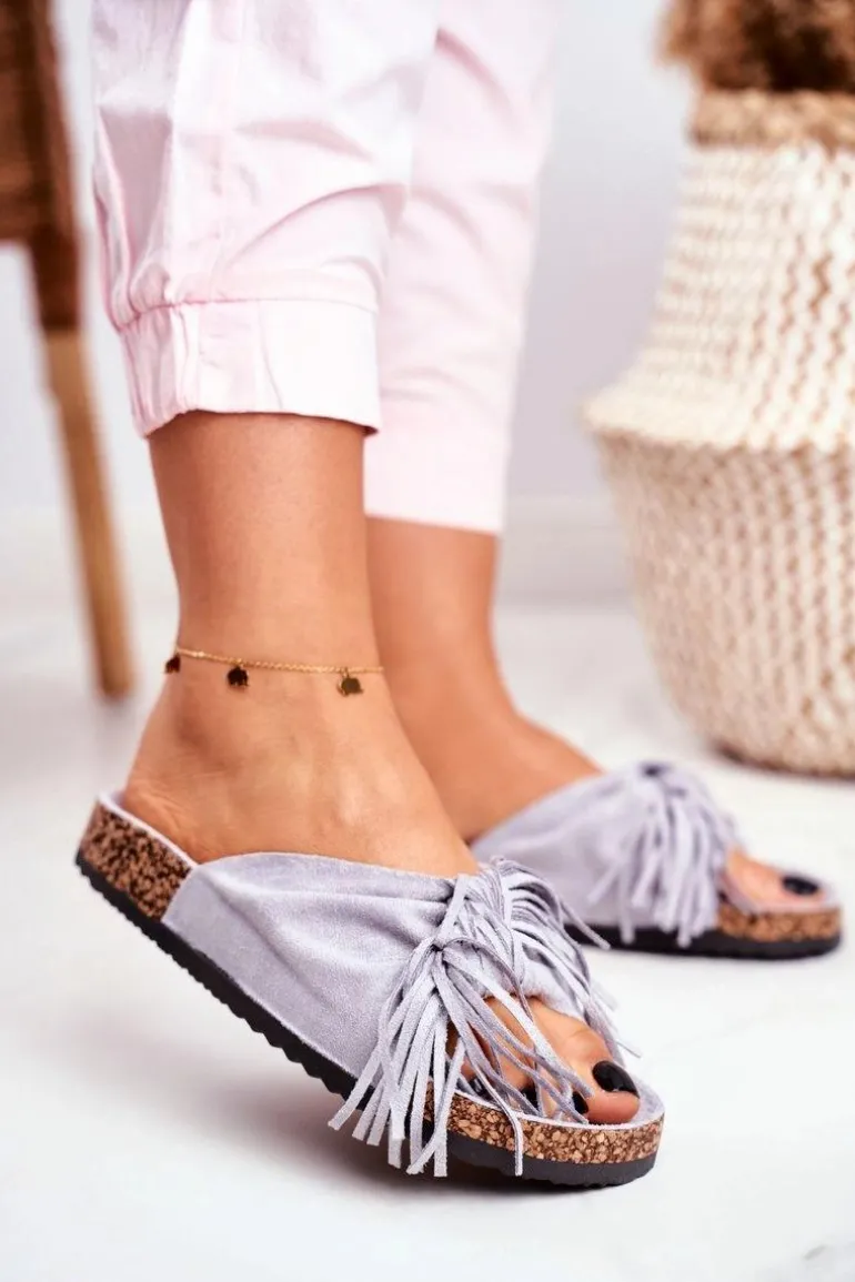 Damskie Szare Klapki Na Korku Frędzle Marina