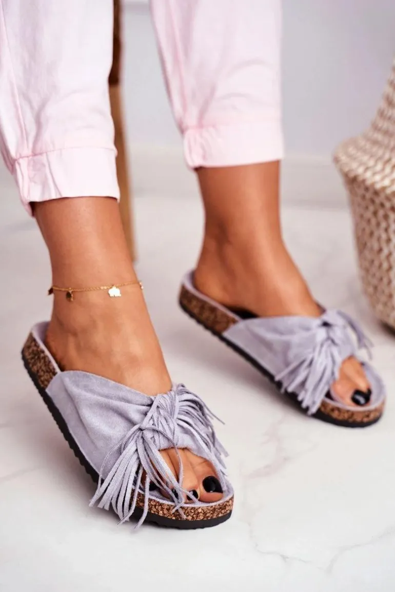 Damskie Szare Klapki Na Korku Frędzle Marina