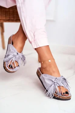 Damskie Szare Klapki Na Korku Frędzle Marina