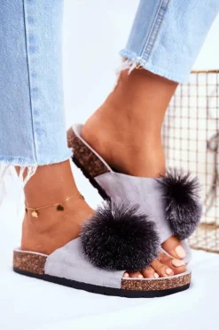 Damskie Szare Klapki Na Korku z Pomponem Galaxo