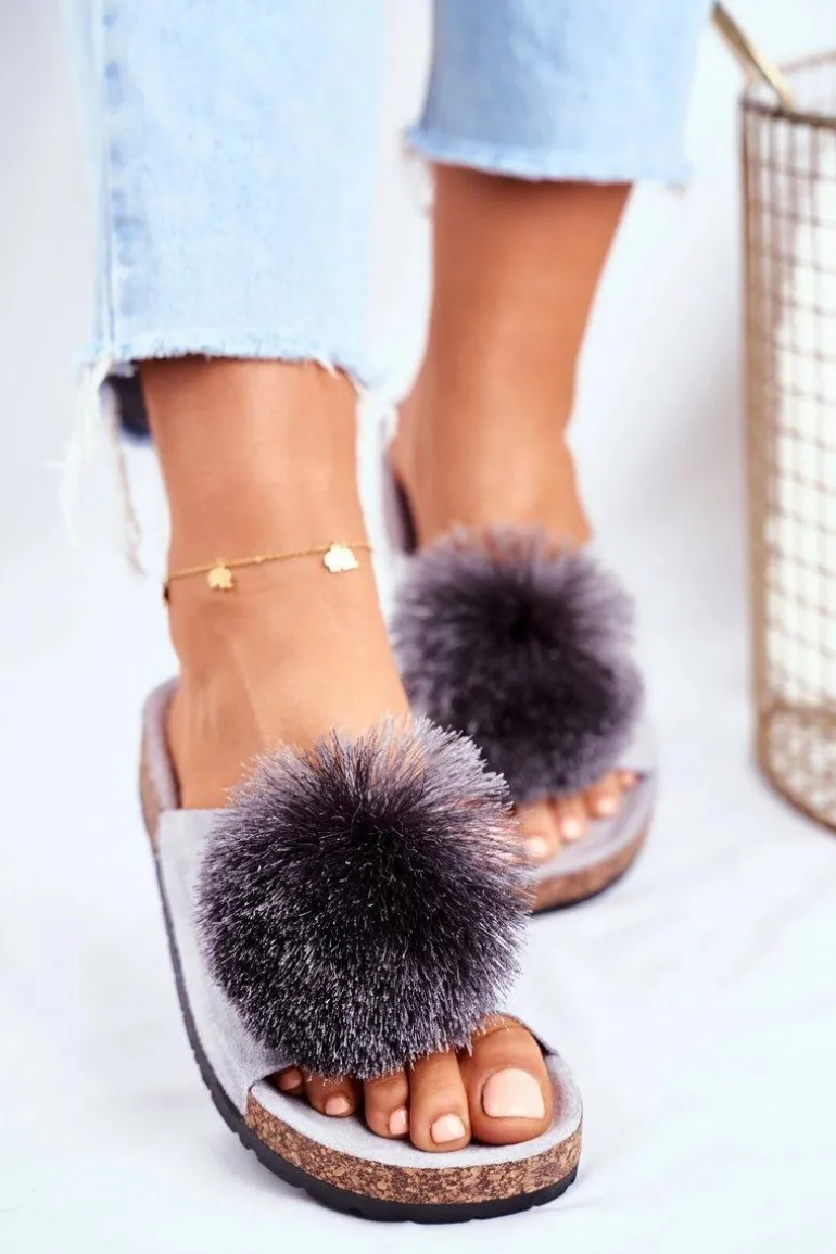 Damskie Szare Klapki Na Korku z Pomponem Galaxo