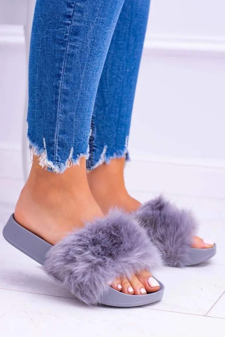 Damskie Szare Klapki Z Dużym Futerkiem Fluffy