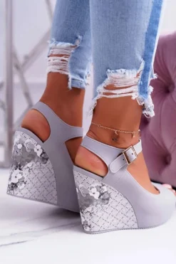 Damskie Szare Sandały Na Koturnie Nemesis