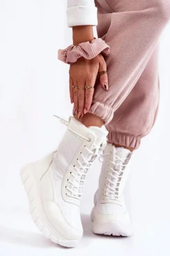 Damskie Sznurowane Botki Śniegowce Na Platformie Biało-Beżowe Anubi