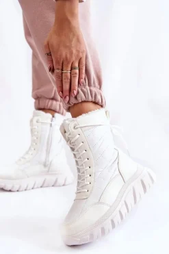 Damskie Sznurowane Botki Śniegowce Na Platformie Biało-Beżowe Anubi