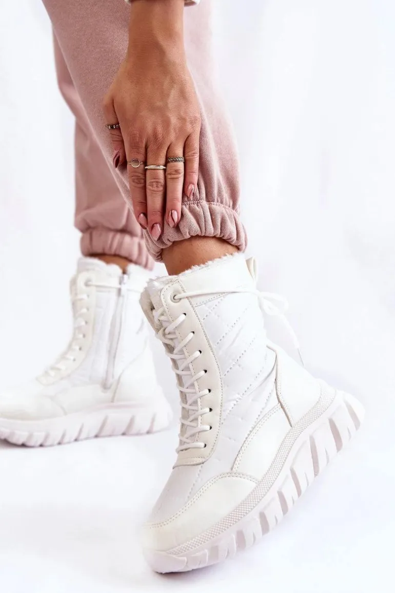 Damskie Sznurowane Botki Śniegowce Na Platformie Biało-Beżowe Anubi