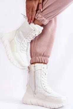 Damskie Sznurowane Botki Śniegowce Na Platformie Biało-Beżowe Anubi