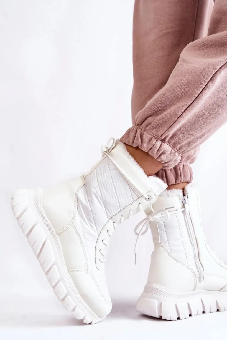 Damskie Sznurowane Botki Śniegowce Na Platformie Biało-Beżowe Anubi