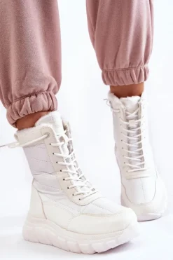 Damskie Sznurowane Botki Śniegowce Na Platformie Biało-Beżowe Anubi