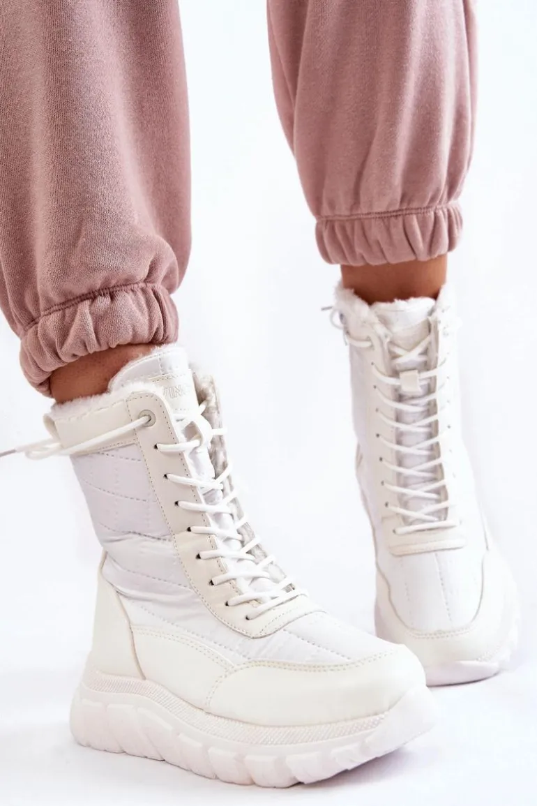 Damskie Sznurowane Botki Śniegowce Na Platformie Biało-Beżowe Anubi