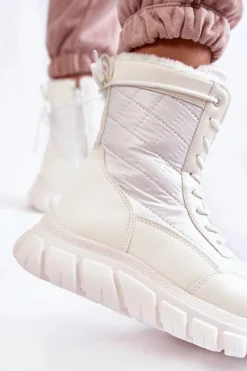 Damskie Sznurowane Botki Śniegowce Na Platformie Biało-Beżowe Anubi