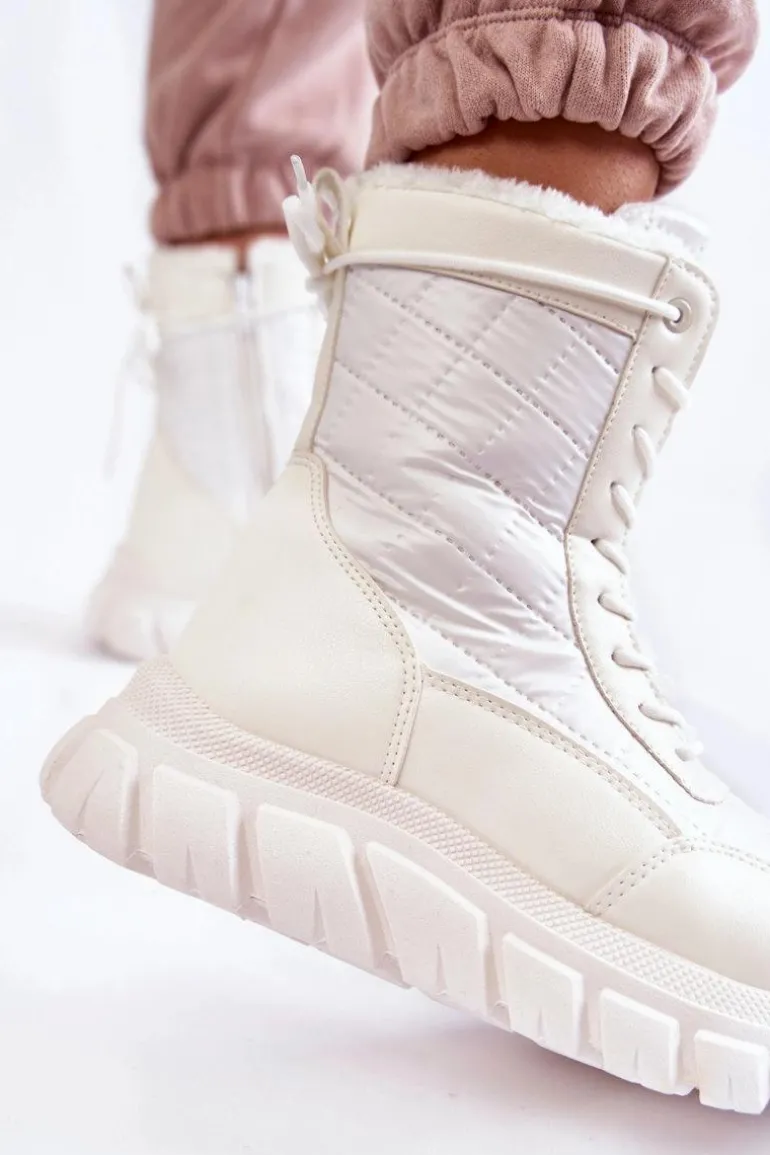 Damskie Sznurowane Botki Śniegowce Na Platformie Biało-Beżowe Anubi