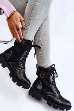 Damskie Sznurowane Botki Trapery Z Ociepleniem Czarne Nomi