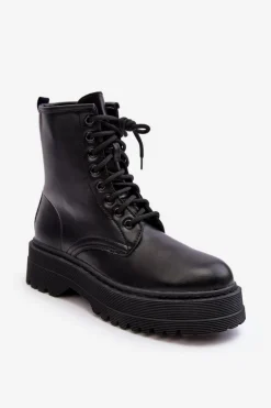 Damskie Sznurowane Botki Workery Na Grubej Podeszwie Czarne Biancis