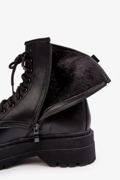 Damskie Sznurowane Botki Workery Na Grubej Podeszwie Czarne Biancis