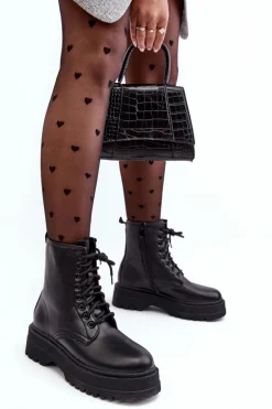 Damskie Sznurowane Botki Workery Na Grubej Podeszwie Czarne Biancis