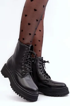 Damskie Sznurowane Botki Workery Na Grubej Podeszwie Czarne Biancis