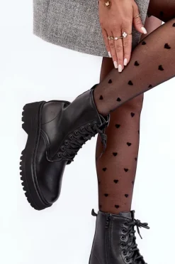 Damskie Sznurowane Botki Workery Na Grubej Podeszwie Czarne Biancis