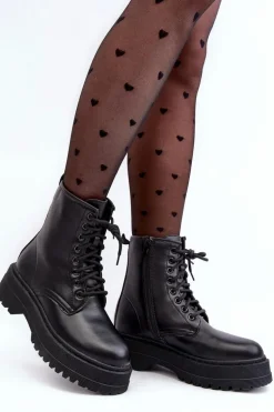 Damskie Sznurowane Botki Workery Na Grubej Podeszwie Czarne Biancis
