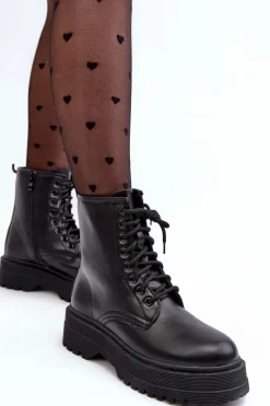 Damskie Sznurowane Botki Workery Na Grubej Podeszwie Czarne Biancis