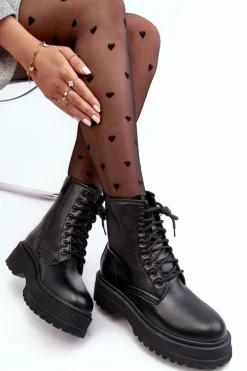 Damskie Sznurowane Botki Workery Na Grubej Podeszwie Czarne Biancis