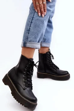 Damskie Sznurowane Botki Trapery Czarne Maddis