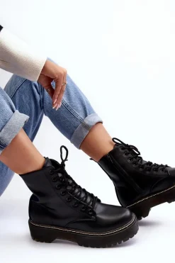 Damskie Sznurowane Botki Trapery Czarne Maddis